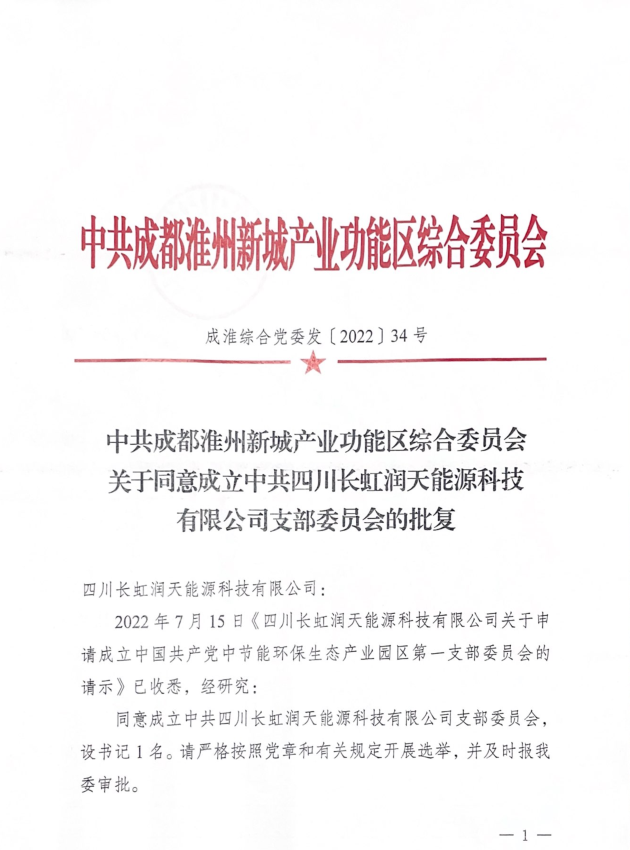 關于同意成立中共四川長虹潤天能源科技有限公司支部委員會的批復